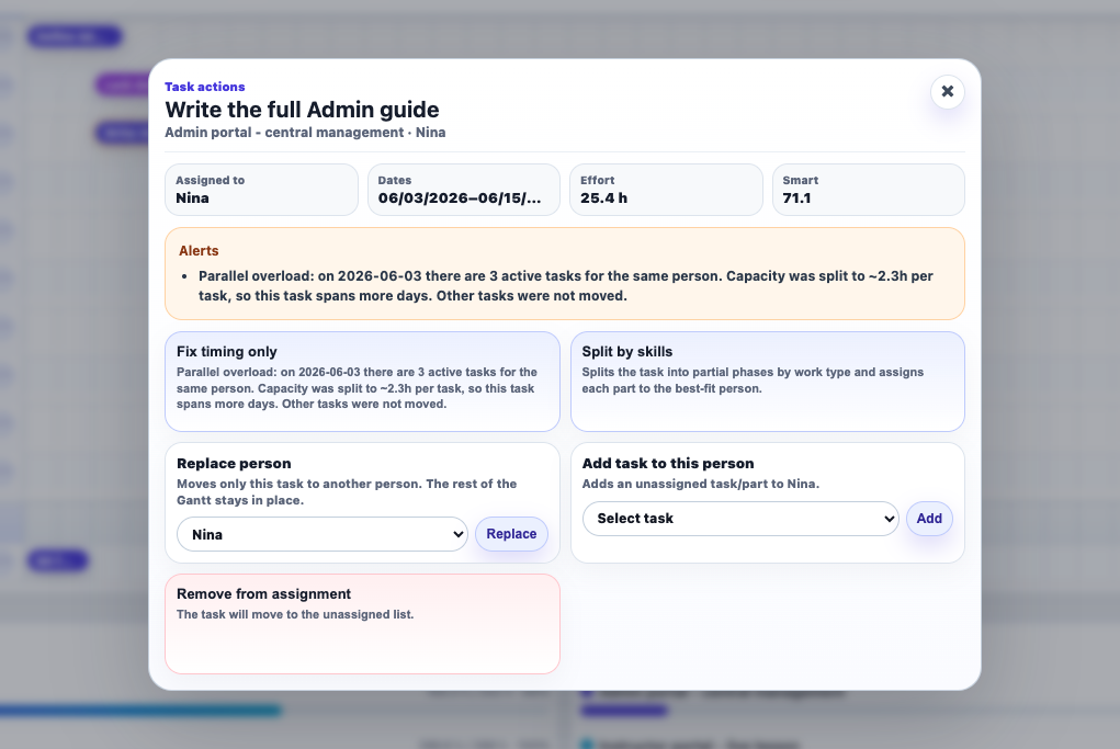 Task actions panel